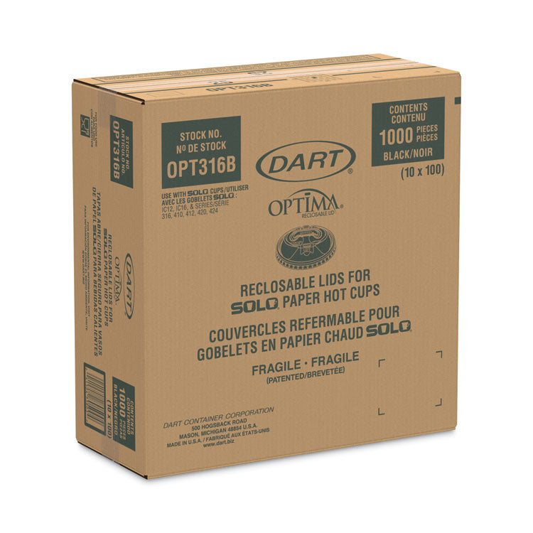 Optima Reclosable Lids for Hot Paper Cups, Fits 10 oz to 24 oz Hot Cups, Plastic, Black, 1,000/Carton