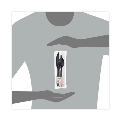 Reliance Mediumweight Cutlery Kit, Fork/Knife/Napkin/Pepper/Salt/Spoon, Plastic, Black, 250/Carton