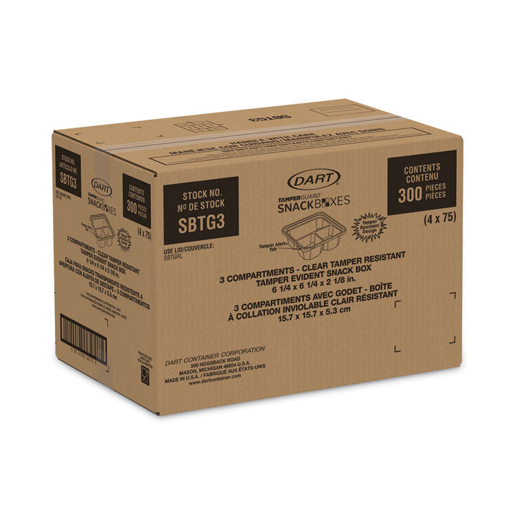 TamperGuard Snack Boxes, 3 Compartments, 6.3 x 6.3 x 2.1, Clear, Plastic, 300/Carton