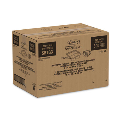 TamperGuard Snack Boxes, 3 Compartments, 6.3 x 6.3 x 2.1, Clear, Plastic, 300/Carton
