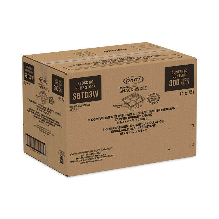 TamperGuard Snack Boxes, 3 Compartments, 6.3 x 6.3 x 2.6, Clear, Plastic, 300/Carton