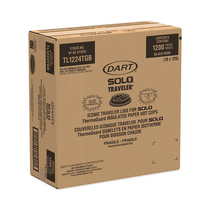 Traveler Sip Through Lids for ThermoGuard Hot Cups, Fits 12 oz to 24 oz Hot Cups, Plastic, Black, 1,200/Carton
