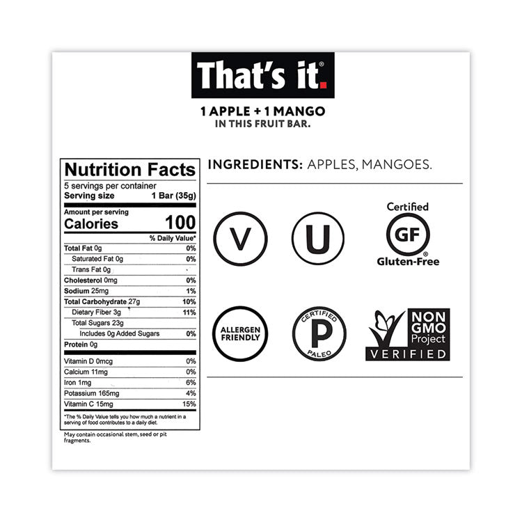 Nutrition Bar, Gluten Free Apple and Mango Fruit, 1.2 oz Bar, 12/Carton