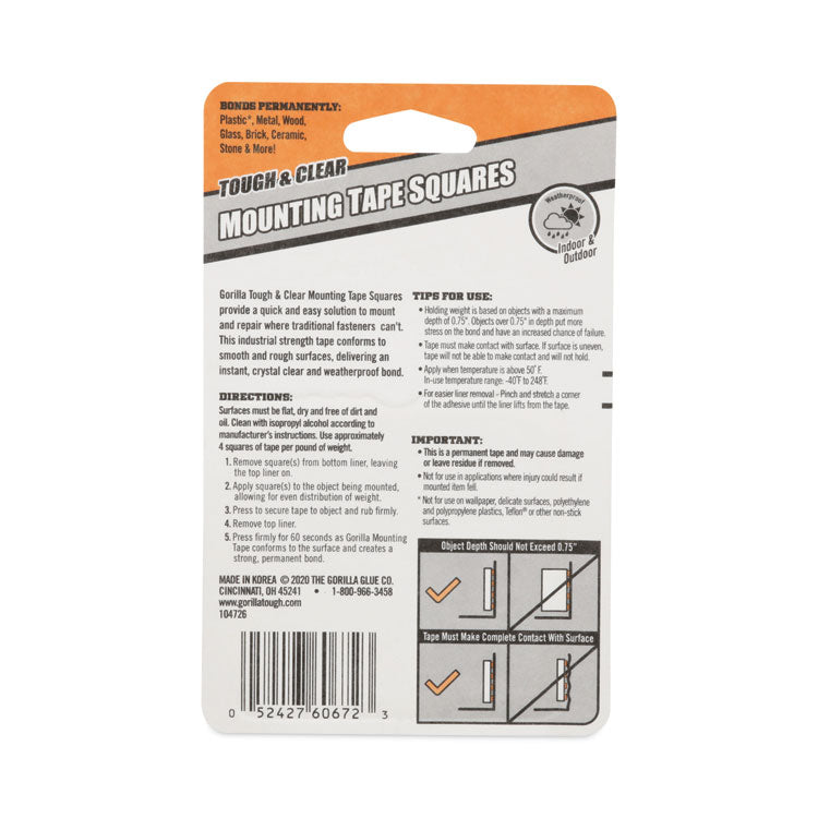 Tough and Clear Double-Sided Mounting Tape Squares, Permanent, Holds Up to 0.58 lb, 1" x 1", Clear, 24/Pack