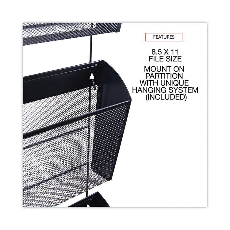 Mesh Three-Pack Wall Files, 3 Sections, Letter Size, 14.13" x 3.38" x 8.5", Black