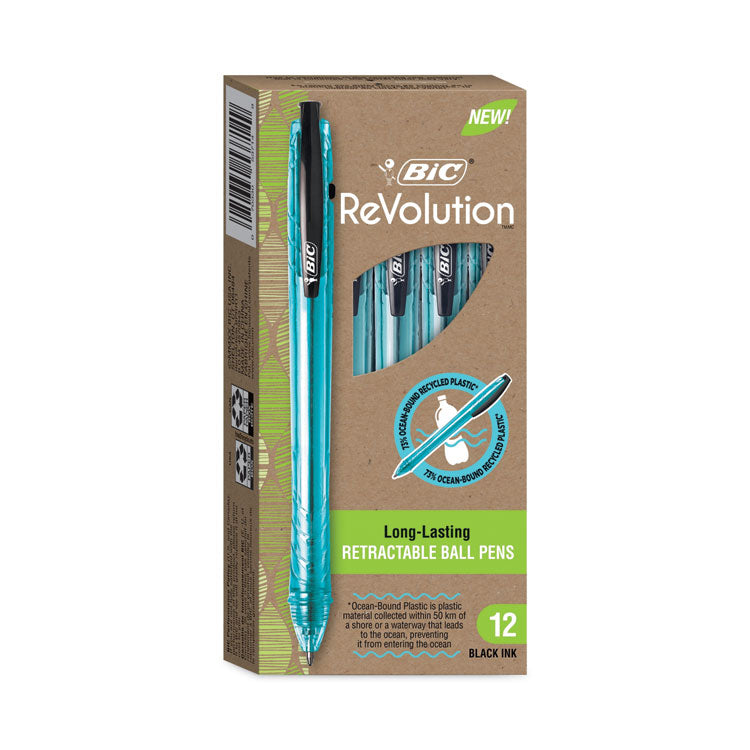 ReVolution Ocean Bound Ballpoint Pen, Retractable, Medium 1 mm, Black Ink, Translucent Blue Barrel, Dozen