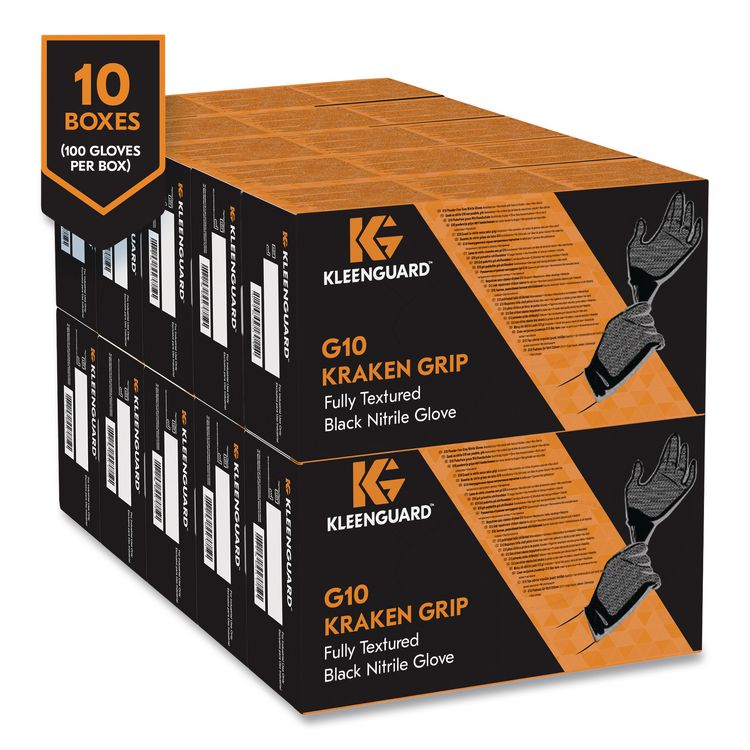 G10 Kraken Grip Nitrile Gloves, Small, 6 mil Thick, 9.5" Long, Black, 100/Box, 10 Boxes/Carton