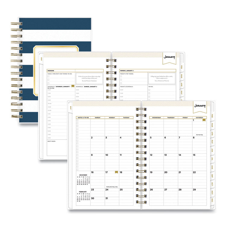Day Designer Navy Stripe Daily/Monthly Planner, Horizontal Stripe Artwork, 8 x 5, Navy/White Cover, 12-Month (Jan-Dec): 2026
