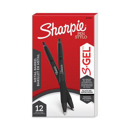 S-Gel Premium Metal Barrel Gel Pen, Retractable, Medium 0.7 mm, Black Ink, Black Barrel, Dozen