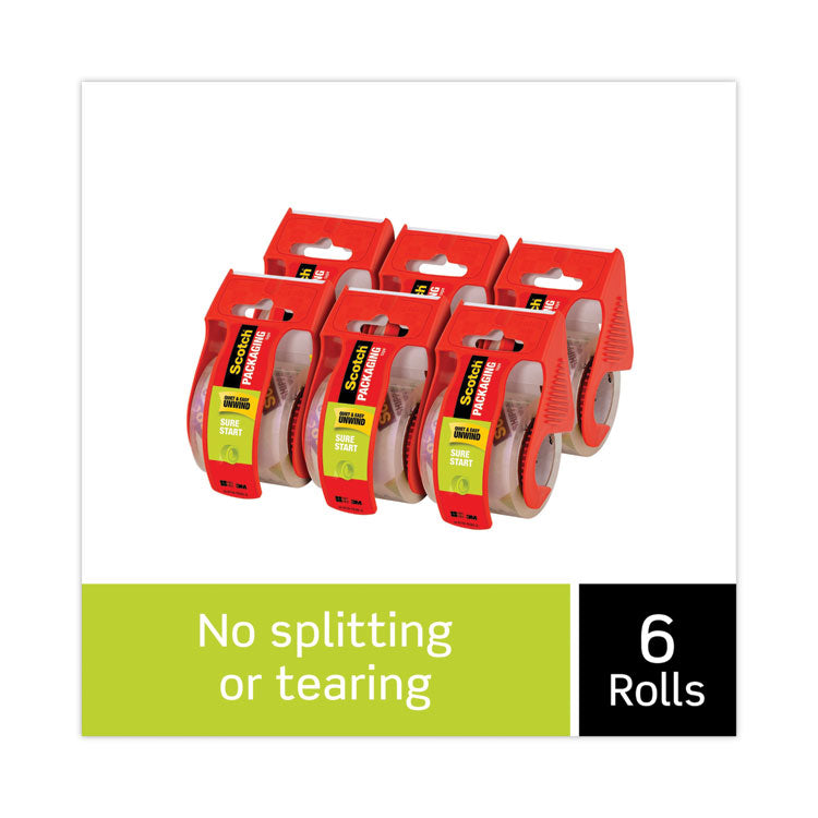 Sure Start Packaging Tape with Dispenser, 1.5" Core, 1.88" x 22.2 yds, Clear, Gloss Finish, 6/Pack