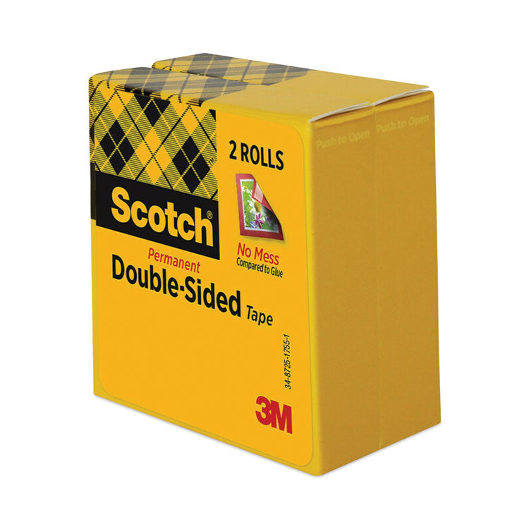 Double-Sided Tape, 3" Core, 0.5" x 36 yds, Clear, 2/Pack
