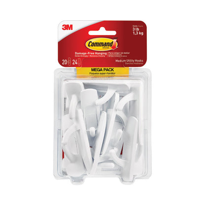 Medium Utility Hooks, Plastic, White, Supports 3 lb, 20/Pack