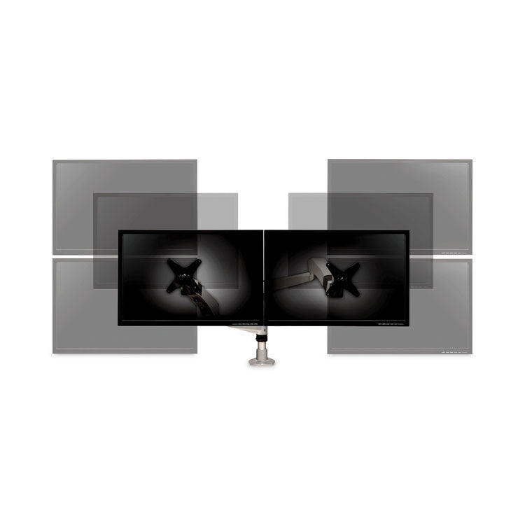 Easy-Adjust Desk Dual Arm Mount for 27" Monitors, 360 deg Rotation, +90/-15 deg Tilt, 360 deg Pan, Silver, Supports 20 lb