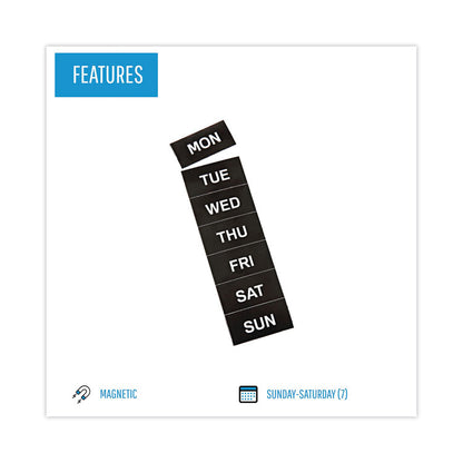 Heavy-Duty Board Magnet Labels, Days of the Week (Monday-Sunday), 1" Tall, White Characters, Black Background, 7/Pack