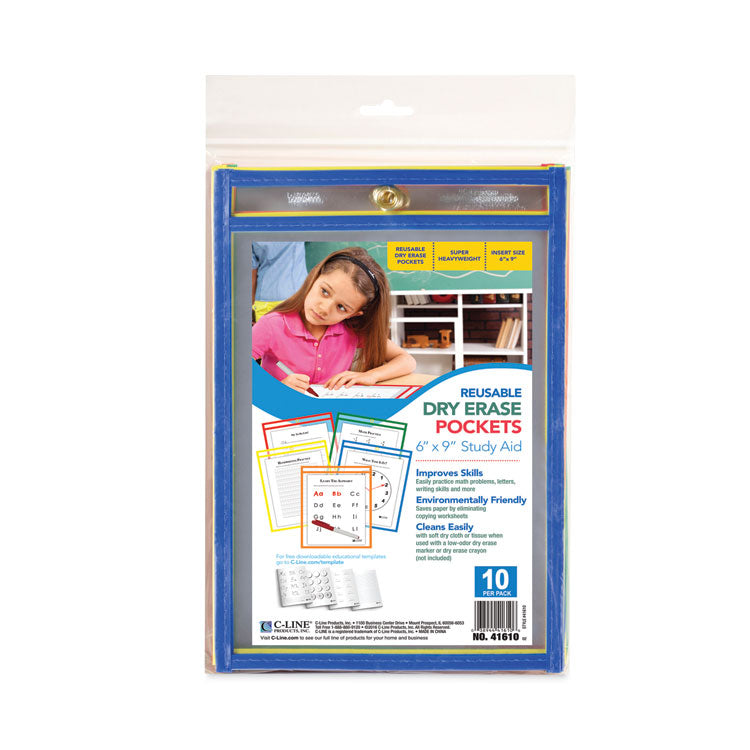 Reusable Dry Erase Pockets, Super Heavy-Duty, Top Load 6 x 9 Insert, Clear Front, Assorted Border Colors, 10/Pack
