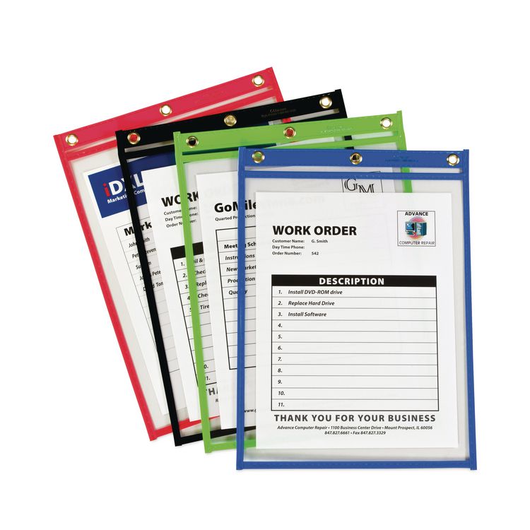Super Heavyweight Plus Stitched Shop Ticket Holders, Top Load 9 x 12 Insert, Clear Front, Assorted Border Colors, 20/Box