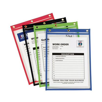 Super Heavyweight Plus Stitched Shop Ticket Holders, Top Load 9 x 12 Insert, Clear Front, Assorted Border Colors, 20/Box
