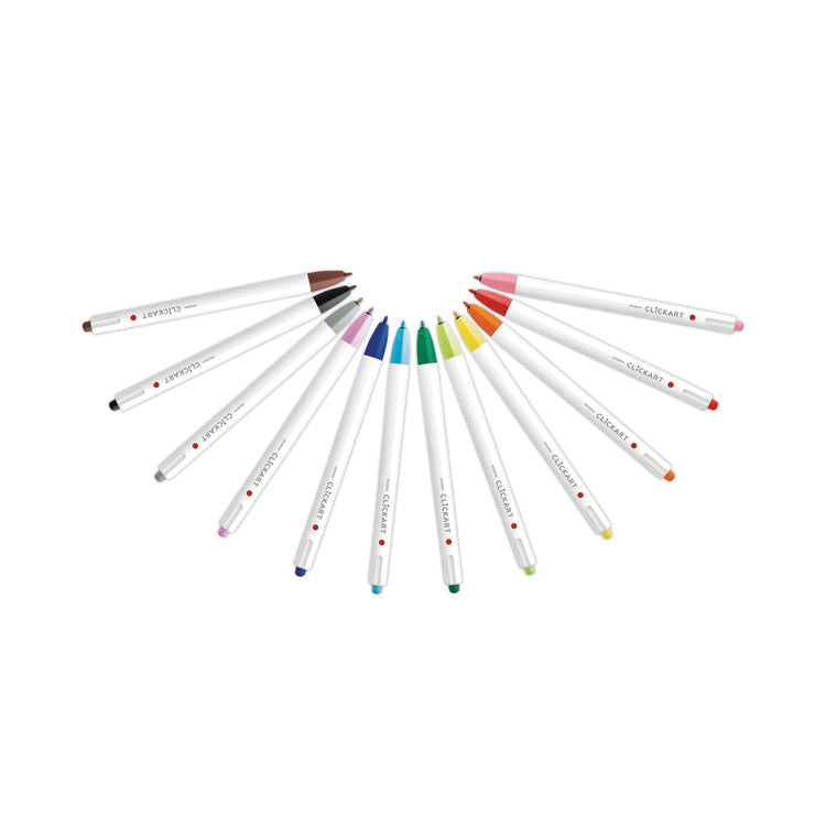 ClickArt Porous Point Pen, Retractable, Fine 0.6mm, Assorted Ink Colors, White Barrel, 12/Pack