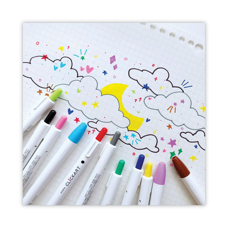 ClickArt Porous Point Pen, Retractable, Fine 0.6mm, Assorted Ink Colors, White Barrel, 12/Pack