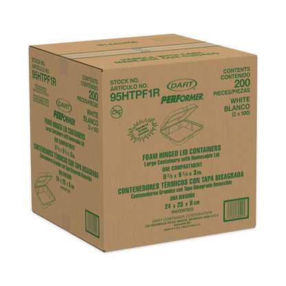 Foam Hinged Lid Container, Performer Perforated Lid, 9.3 x 9.5 x 3, White, 100/Bag, 2 Bag/Carton