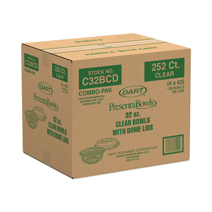 PresentaBowls Bowl/Lid Combo-Paks, 32 oz, Clear, Plastic, 63/Pack, 4 Pack/Carton