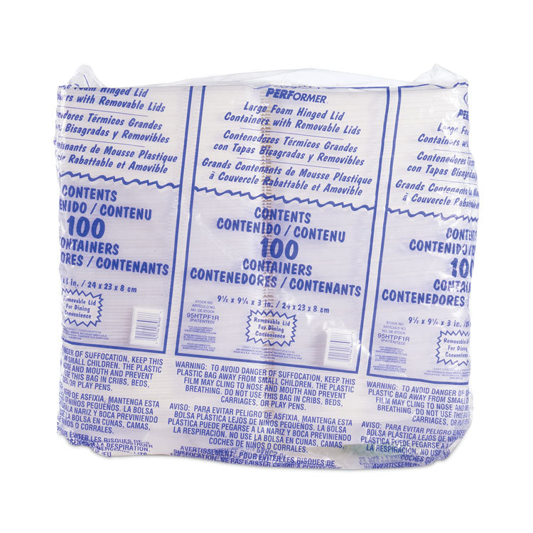 Foam Hinged Lid Container, Performer Perforated Lid, 9.3 x 9.5 x 3, White, 100/Bag, 2 Bag/Carton