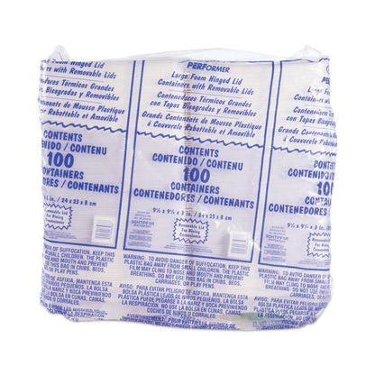 Foam Hinged Lid Container, Performer Perforated Lid, 9.3 x 9.5 x 3, White, 100/Bag, 2 Bag/Carton