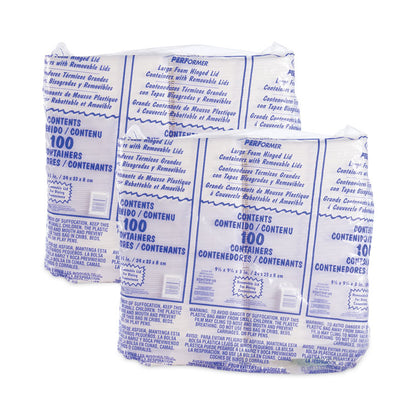 Foam Hinged Lid Container, Performer Perforated Lid, 9.3 x 9.5 x 3, White, 100/Bag, 2 Bag/Carton