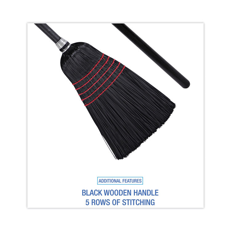 Flagged Tip Poly Bristle Janitor Brooms, 10 x 58.5, Wood Handle, Natural/Black, 12/Carton