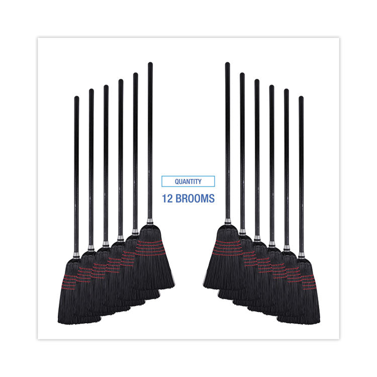 Flagged Tip Poly Bristle Janitor Brooms, 10 x 58.5, Wood Handle, Natural/Black, 12/Carton