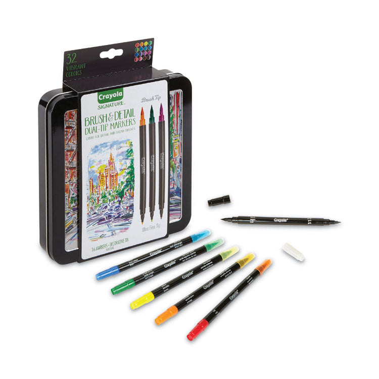 Brush and Detail Dual Ended Markers, Extra-Fine Brush/Bullet Tips, Assorted Colors, 16/Set