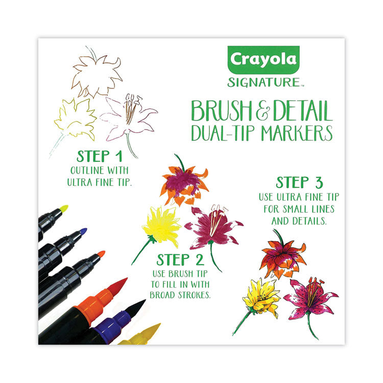 Brush and Detail Dual Ended Markers, Extra-Fine Brush/Bullet Tips, Assorted Colors, 16/Set