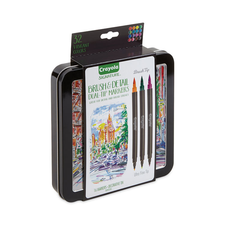 Brush and Detail Dual Ended Markers, Extra-Fine Brush/Bullet Tips, Assorted Colors, 16/Set