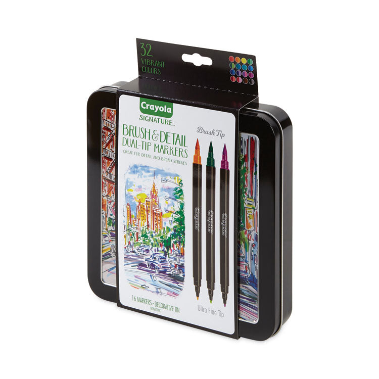 Brush and Detail Dual Ended Markers, Extra-Fine Brush/Bullet Tips, Assorted Colors, 16/Set