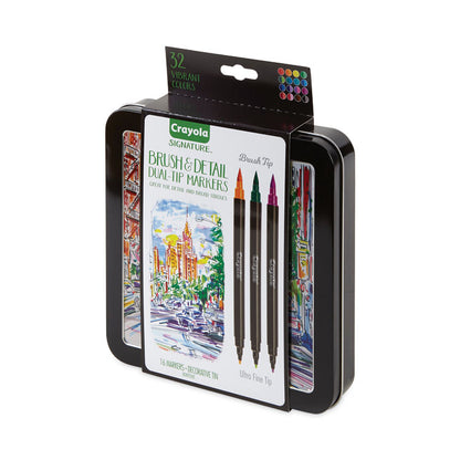 Brush and Detail Dual Ended Markers, Extra-Fine Brush/Bullet Tips, Assorted Colors, 16/Set