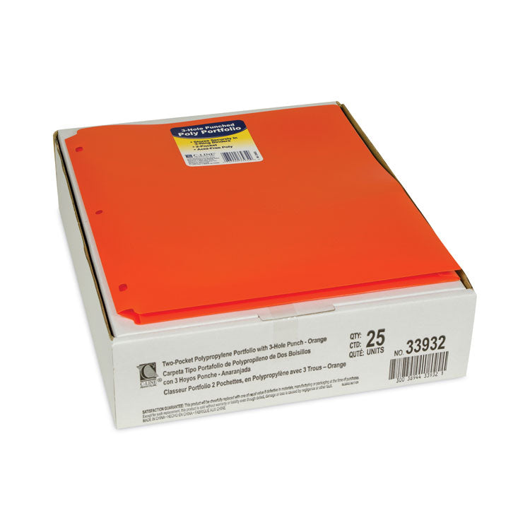 Two-Pocket Heavyweight Poly Portfolio Folder with Three-Hole Punch, Accommodates 11 x 8.5 Sheets, Orange, 25/Box