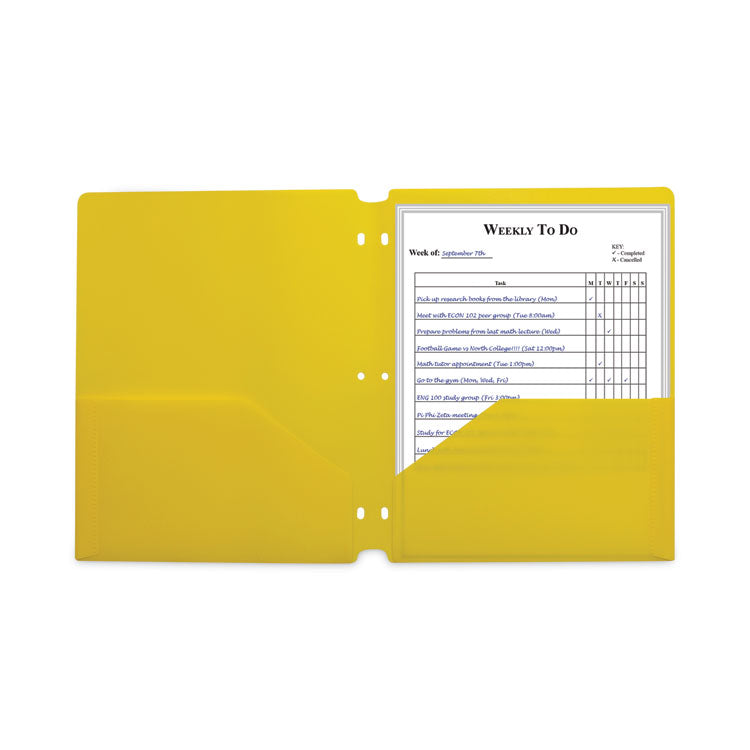 Two-Pocket Heavyweight Poly Portfolio Folder with Three-Hole Punch, Accommodates 11 x 8.5 Sheets, Yellow, 25/Box