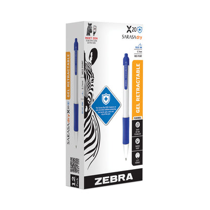 Sarasa Dry X20+ Gel Pen with Antimicrobial Product Protection, Retractable, Fine 0.7 mm, Blue Ink, White/Blue Barrel, Dozen