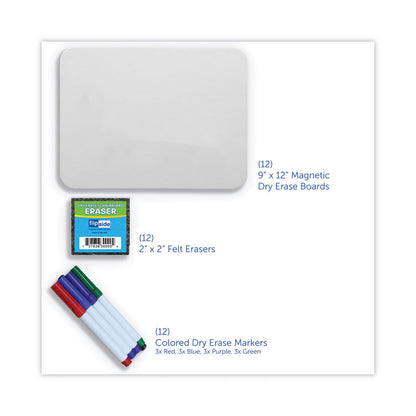 Magnetic Dry Erase Board Set with Assorted Color Markers, 12" x 9", White Surface, 12/Pack