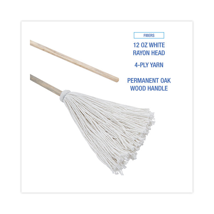 Handle/Deck Mops, #12 White Rayon Head, 48" Natural Wood Handle, 6/Pack