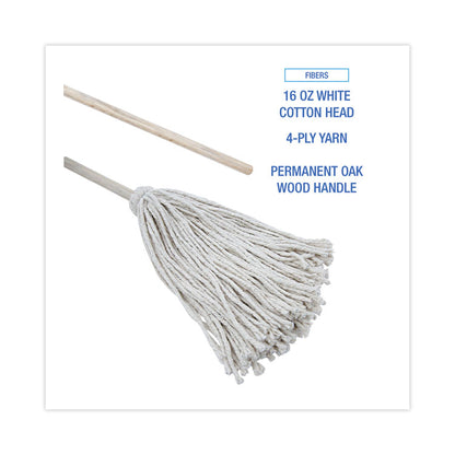 Handle/Deck Mops, #16 White Cotton Head, 48" Natural Wood Handle