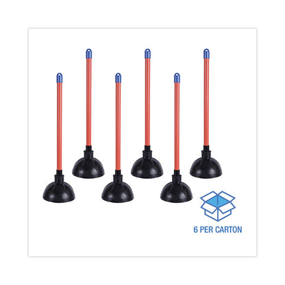 Toilet Plunger, 18" Plastic Handle, 5.63" dia, Red/Black, 6/Carton