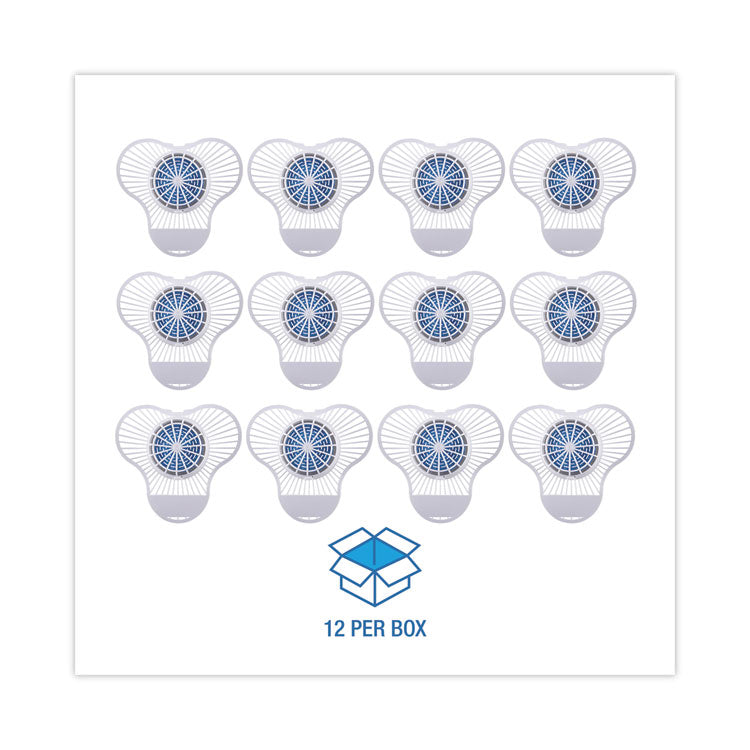 Urinal Screen with Non-Para Deodorizer Block, Green Apple Scent, Blue/White, 3.25 oz, 12/Box