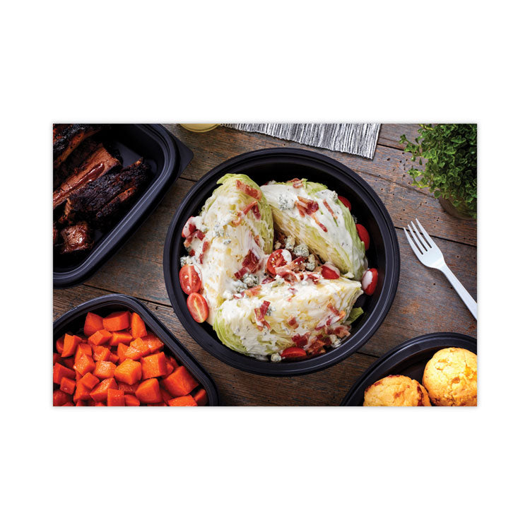 EarthChoice MealMaster Container with Lid, 48 oz, 9" Diameter x 2.12" h, Black/Clear, Plastic, 150/Carton