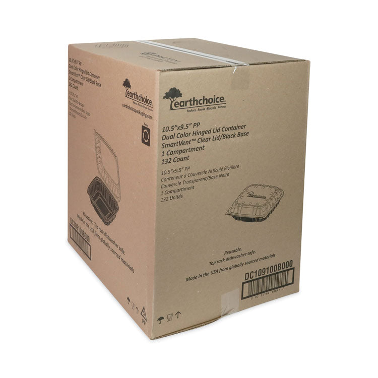 EarthChoice Vented Dual Color Microwavable Hinged Lid Container, 66 oz, 10.5 x 9.5 x 3.1, Black/Clear, Plastic, 132/Carton