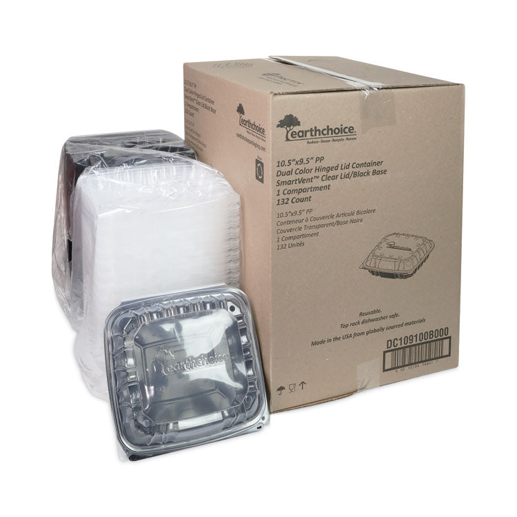 EarthChoice Vented Dual Color Microwavable Hinged Lid Container, 66 oz, 10.5 x 9.5 x 3.1, Black/Clear, Plastic, 132/Carton