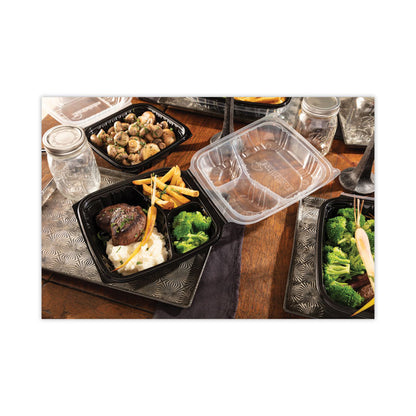 EarthChoice Vented Dual Color Microwavable Hinged Lid Container, 3-Compartment Base/Lid, 54 oz, Black/Clear, Plastic, 132/CT