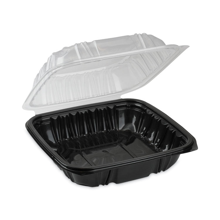 EarthChoice Vented Dual Color Microwavable Hinged Lid Container, 28 oz, 7.5 x 7.5 x 3.1, Black/Clear, Plastic, 150/Carton