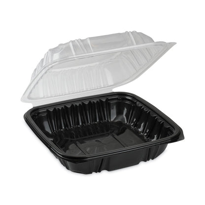 EarthChoice Vented Dual Color Microwavable Hinged Lid Container, 28 oz, 7.5 x 7.5 x 3.1, Black/Clear, Plastic, 150/Carton