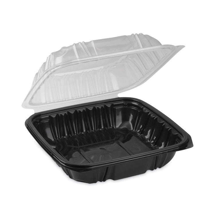 EarthChoice Vented Dual Color Microwavable Hinged Lid Container, 38 oz, 8.5 x 8.6 x 3.1, Black/Clear, Plastic, 150/Carton
